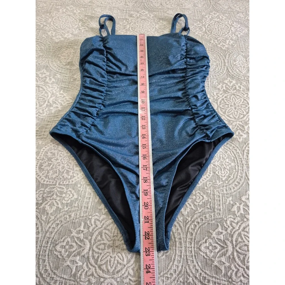 Cupshe Blue‎ Glitter Ruched One Piece Swimsuit Shimmer Square Neck Large